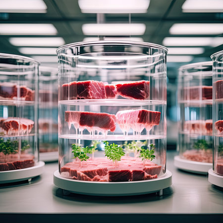 Concept of meat cultured from animal somatic cells. Meat sample in the disposable plastic container in modern laboratory.の素材