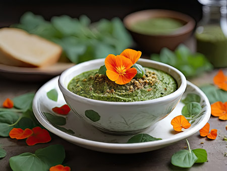 Sauce made from nasturtium plant leaves and flowers.の素材