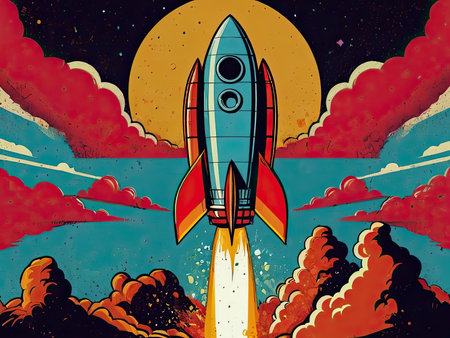 Rocket going from earth to space.の素材