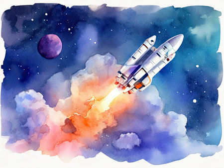Rocket going from earth to space. Watercolor painting.の素材