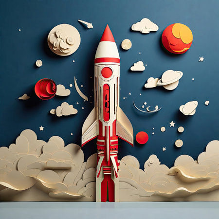 Rocket going from earth to space.の素材