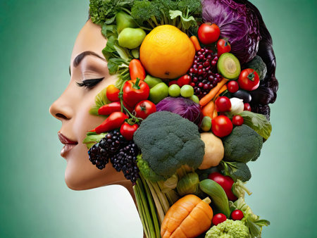 Woman image created from various vegetables and fruits. Healthy food and nutrition concept.の素材