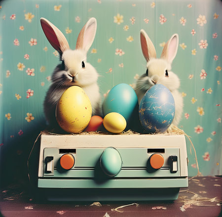 Happy Easter card or background design in retro style.の素材