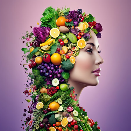 Woman image created from various vegetables and fruits. Healthy food and nutrition concept.の素材