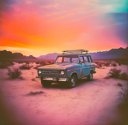 Retro car on a field. Vintage toned image.の素材