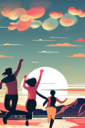 People dressed in sportswear running outdoors. Healthy active lifestyle. Cartoon style illustration.の素材