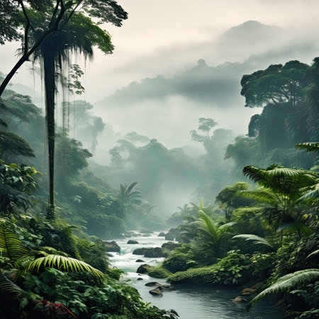 Foggy landscape. Scenic jungle nature view.の素材