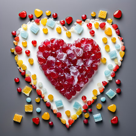 Heart-shaped colorful sweet candy background.の素材