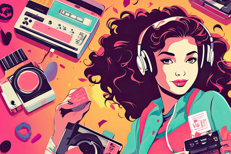 Illustration of a teenage girl enjoying music from headphones. Retro art style. Nostalgic mood.の素材