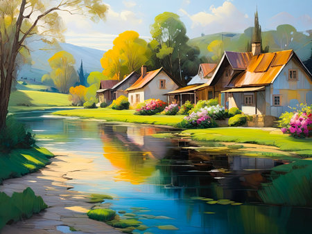 Scenic nature view painting with house buildings and river. Beautiful landscape art.の素材
