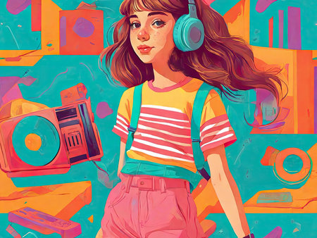 Illustration of a teenage girl enjoying music from headphones. Retro art style. Nostalgic mood.の素材