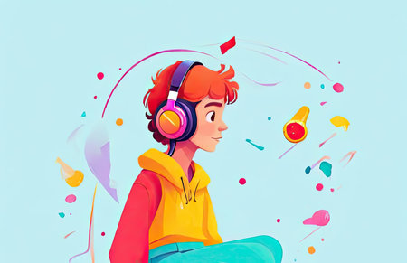 Illustration of a teenager enjoying music from headphones. Retro art style. Nostalgic mood.の素材