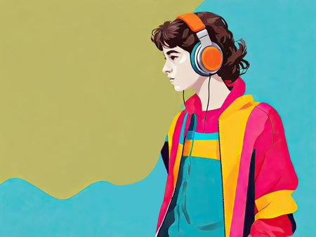 Illustration of a teenager enjoying music from headphones. Retro art style. Nostalgic mood.の素材