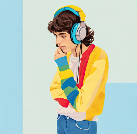 Illustration of a teenager enjoying music from headphones. Retro art style. Nostalgic mood.の素材