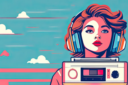 Illustration of a teenage girl enjoying music from headphones. Retro art style. Nostalgic mood.の素材