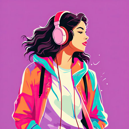 Illustration of a teenage girl enjoying music from headphones. Retro art style. Nostalgic mood.の素材
