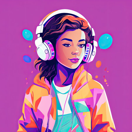 Illustration of a teenage girl enjoying music from headphones. Retro art style. Nostalgic mood.の素材