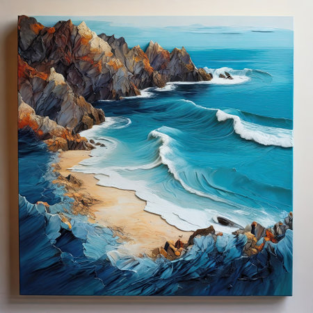 Scenic nature view painting. Landscape with sea coast.の素材