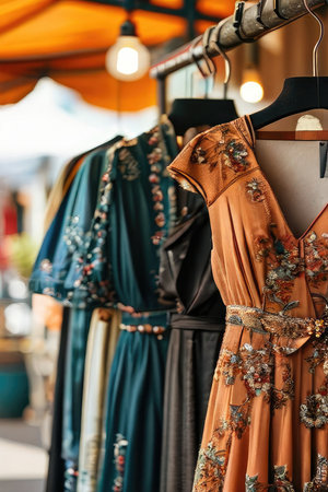 Used colorful clothes hanging on a rack.の素材