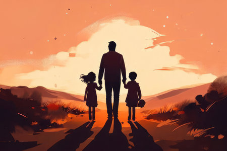 Happy family walk outdoors. Father and children together.の素材