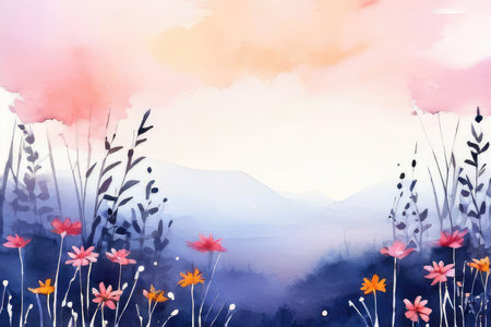Landscape art painting. Scenic nature view with wildflowers.の素材