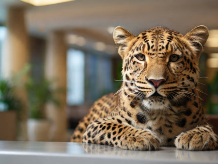 Leopard portrait inside the hotel interior.の素材