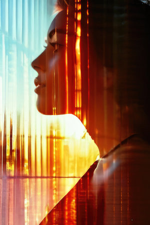 Young woman portrait through ribbed glass.の素材