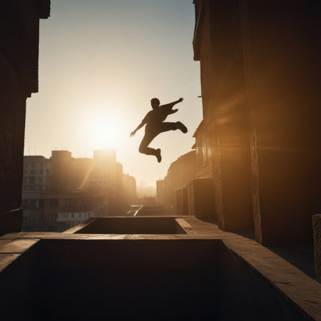Man doing parkour against sunset sky.の素材