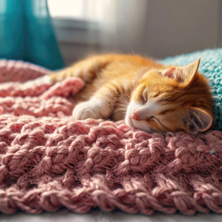 Funny domestic cat on a soft blanket. Lovely pet in cozy room.の素材