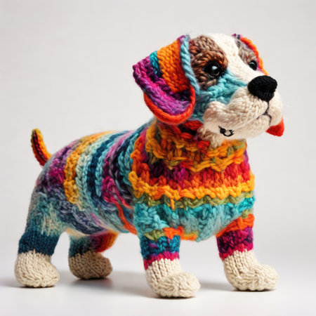 Handmade knitted toy. Funny dog wearing clothes.の素材