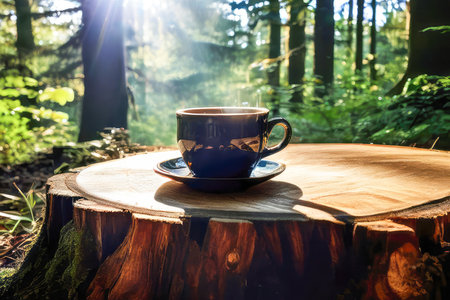 A cup of hot coffee drink on the tree stump in summer forest.の素材