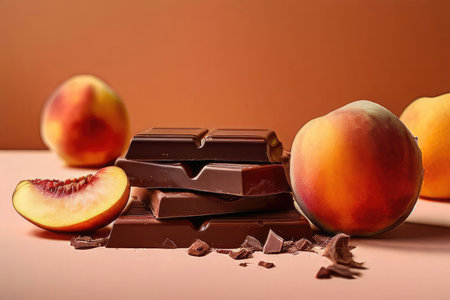 Chocolate bar and peach fruit.の素材
