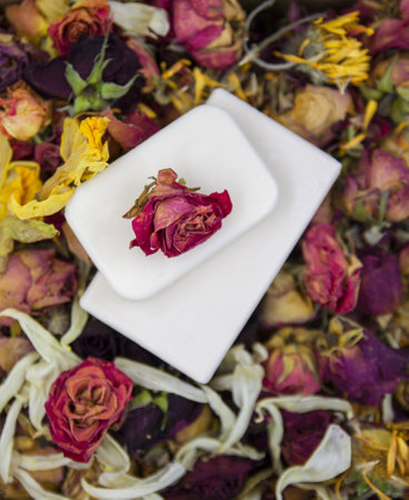 Natural organic soap bar on dried flowers background.の写真素材