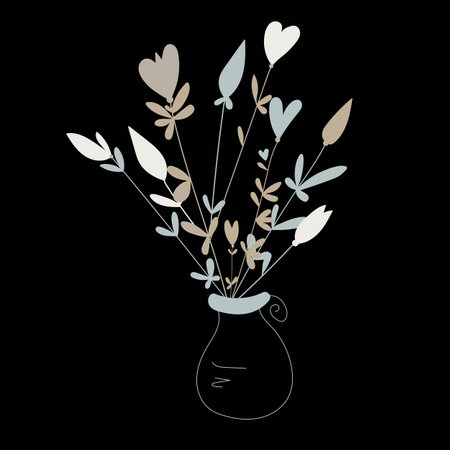 Bouquet of different plants and flowers in a vase on a black background.のイラスト素材