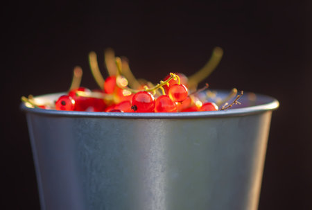 Ripe red currant berries in a cup.