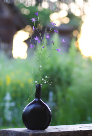 Beautiful bouquet of mixed summer flowers in a black vase. Floral decor outdoors on the wooden bench.の写真素材