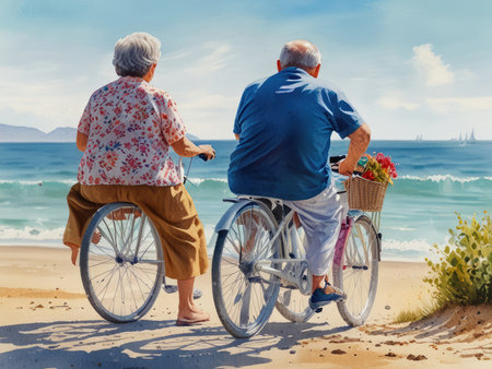 Watercolor illustration of grandparents walking by seaside.の素材