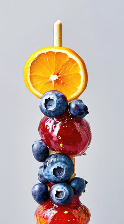 Mixed fruits arranged on natural wooden stick.の素材