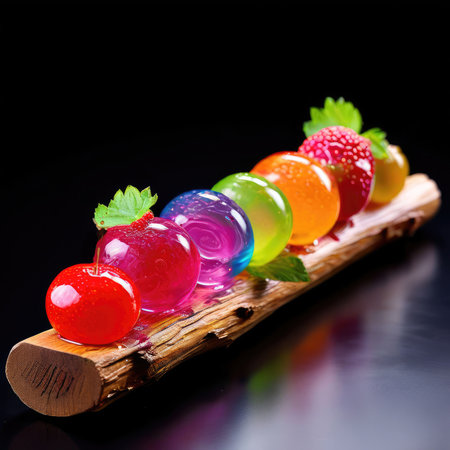 Colorful fruit kebabs with natural wooden sticks.の素材