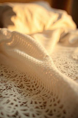 Luxury bedding in softly lit, serene bedroom interior.の素材