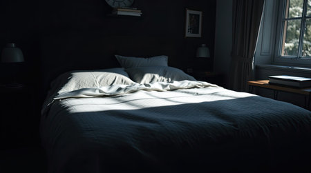 Modern bedroom with neatly arranged bed linen.の素材