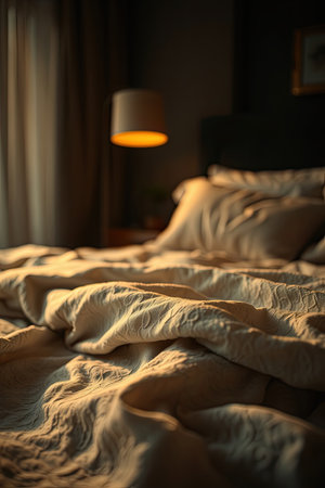 Comfortable bed in soft ambient lighting setting.の素材