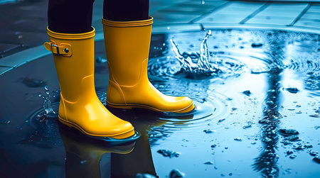 Human legs in yellow rain boots outdoors in puddle.の素材