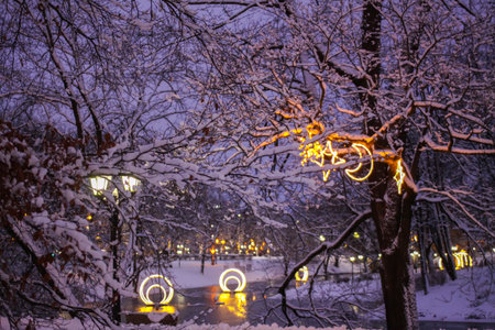 Snowy city park in Riga glowing with festive illumination.