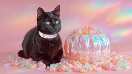 Cute black cat celebrating Halloween with pumpkin decorの素材