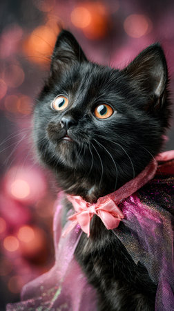 Black cat with Halloween bow on colorful festive background.の素材