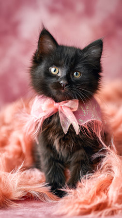 Black cat with Halloween bow on colorful festive background.の素材