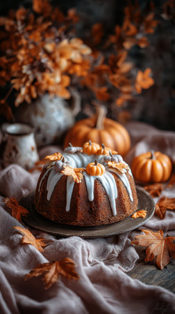 Cozy home scene with Halloween cake on a table.の素材