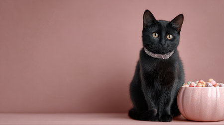 Cute black cat celebrating Halloween with pumpkin decorの素材