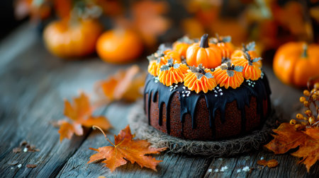 Halloween cake with whipped cream and candy pumpkins.の素材